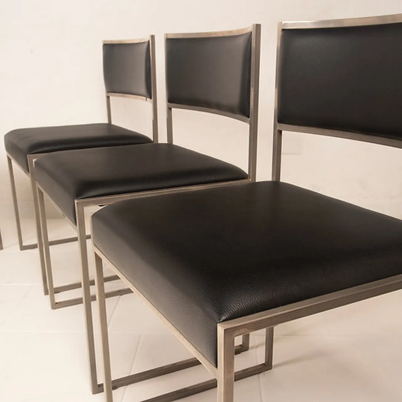 6 SQ brushed steel and eco-leather dining chairs by Willy Rizzo, 1970s 10