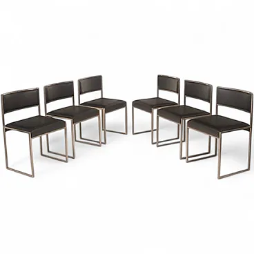 6 SQ brushed steel and eco-leather dining chairs by Willy Rizzo, 1970s