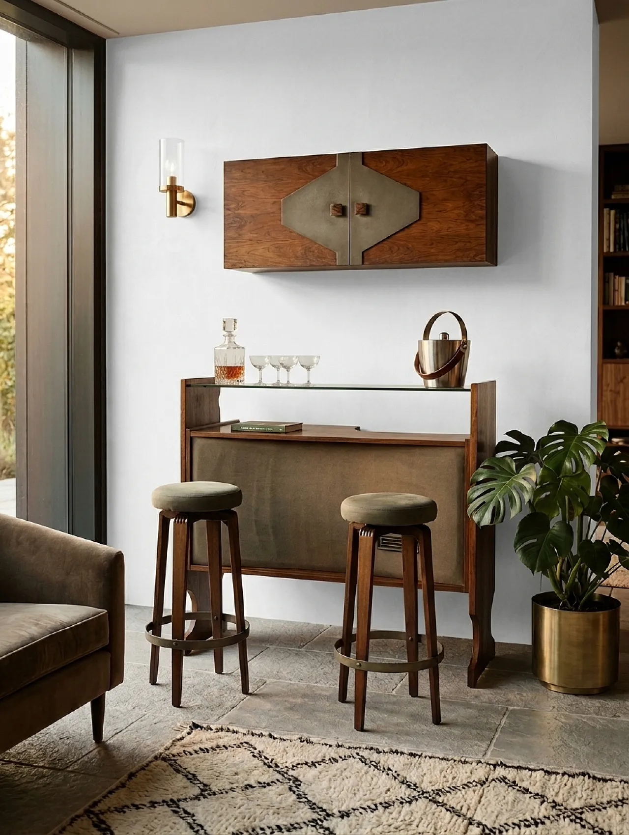 Wooden bar counter with stools and cabinet, 1960s 1