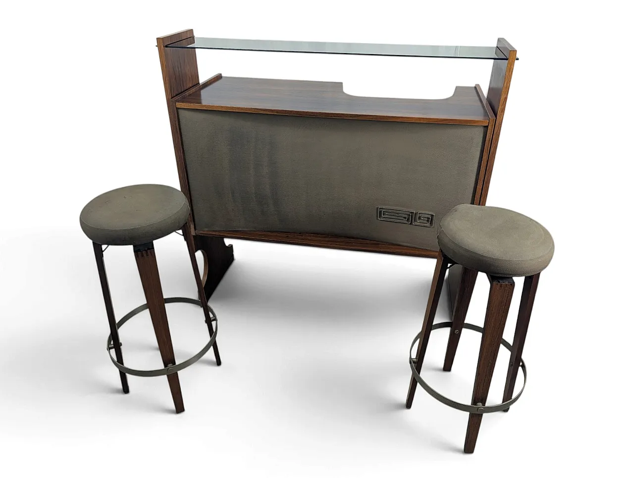 Wooden bar counter with stools and cabinet, 1960s 3