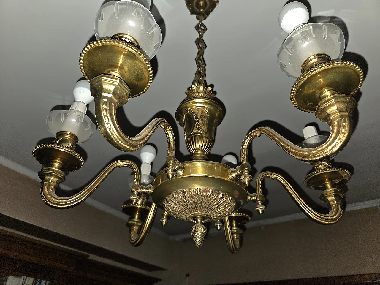 6 Light solid brass Chandelier mid century style, 1960s 2