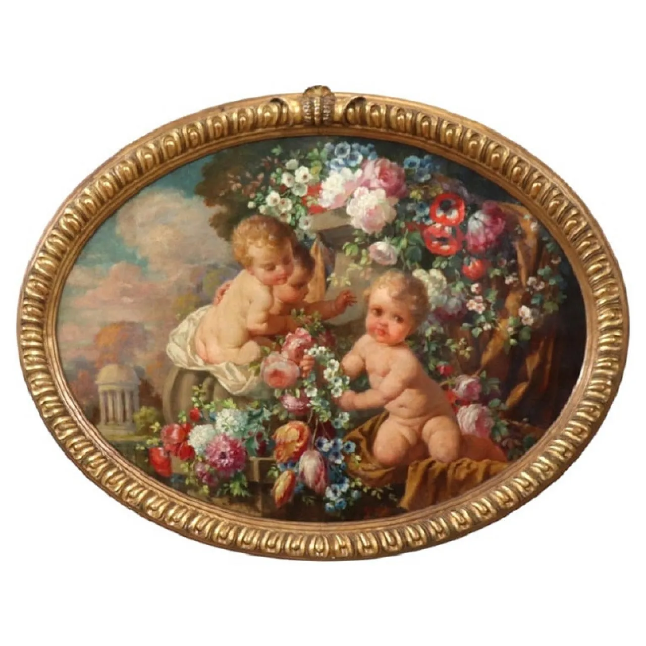Oil painting on wood signed G. Ceragioli, putti with flowers, early 1900s 1