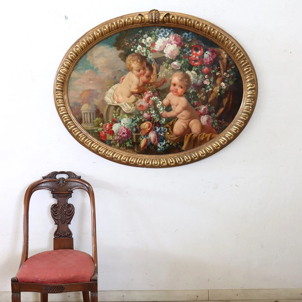 Oil painting on wood signed G. Ceragioli, putti with flowers, early 1900s 3