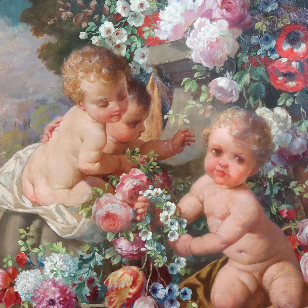 Oil painting on wood signed G. Ceragioli, putti with flowers, early 1900s 4