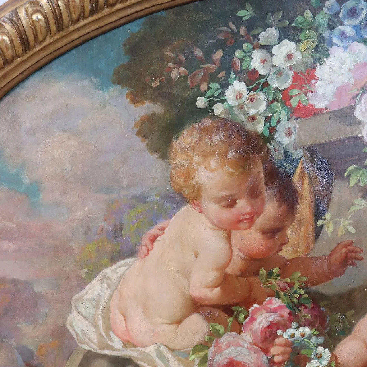 Oil painting on wood signed G. Ceragioli, putti with flowers, early 1900s 6