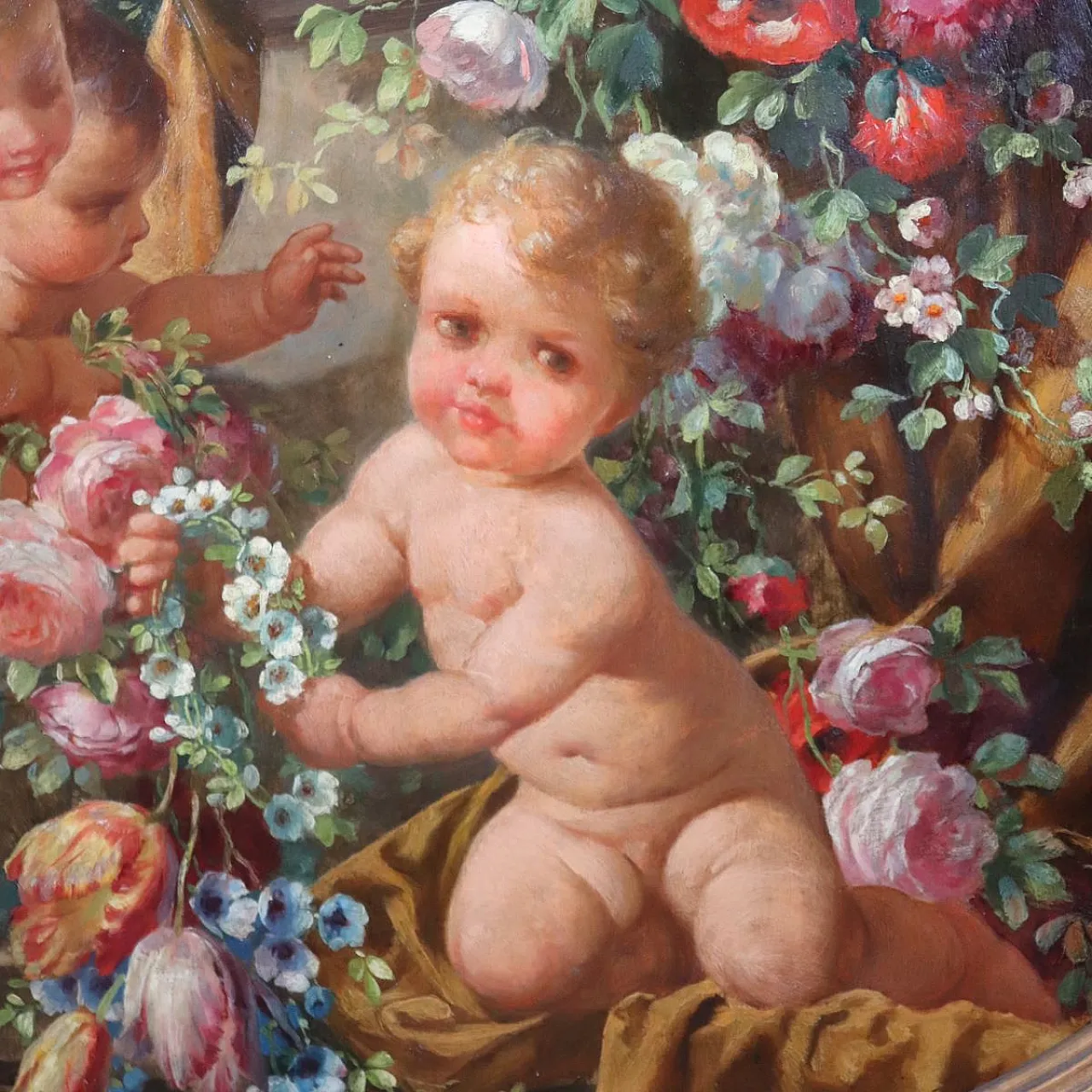 Oil painting on wood signed G. Ceragioli, putti with flowers, early 1900s 7