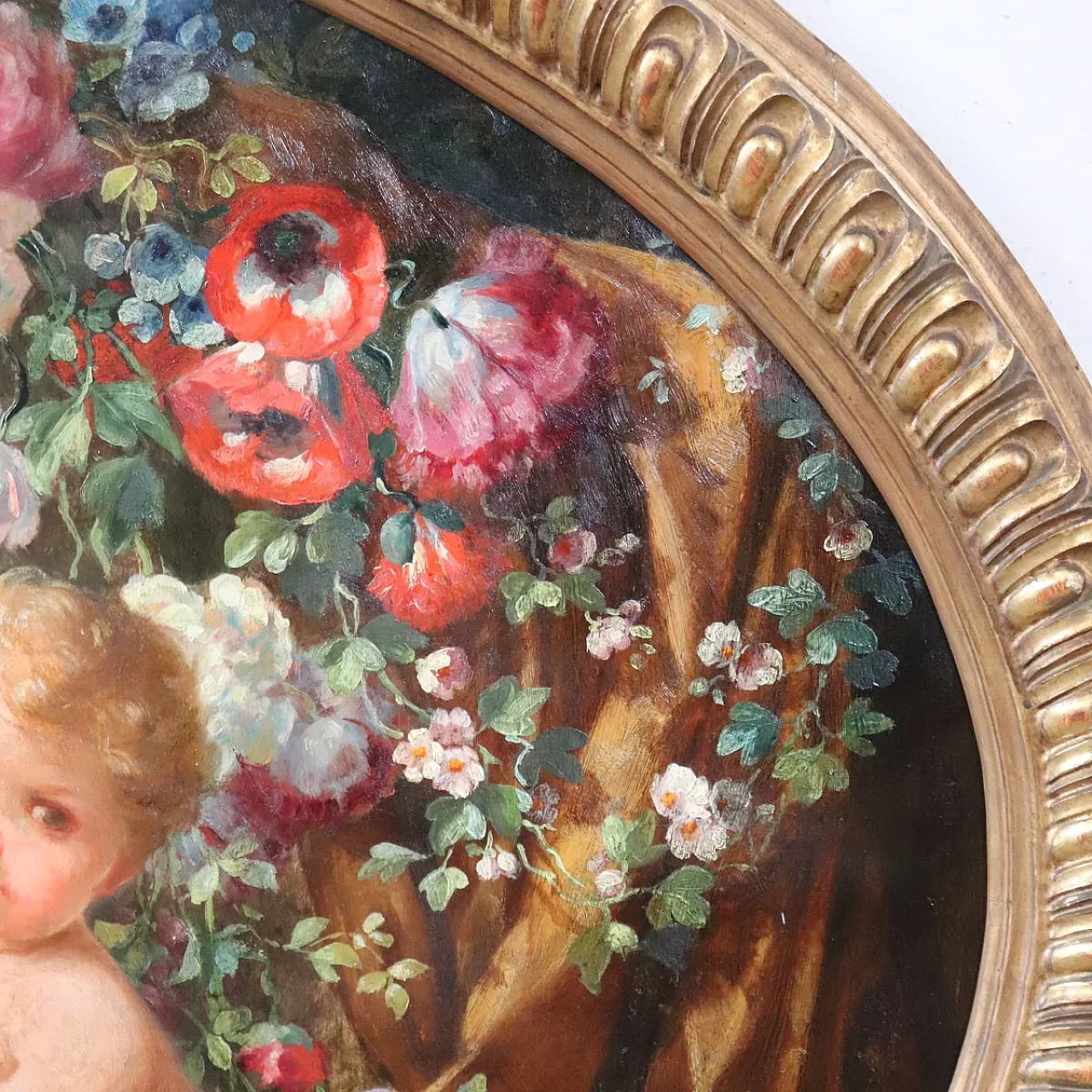 Oil painting on wood signed G. Ceragioli, putti with flowers, early 1900s 8
