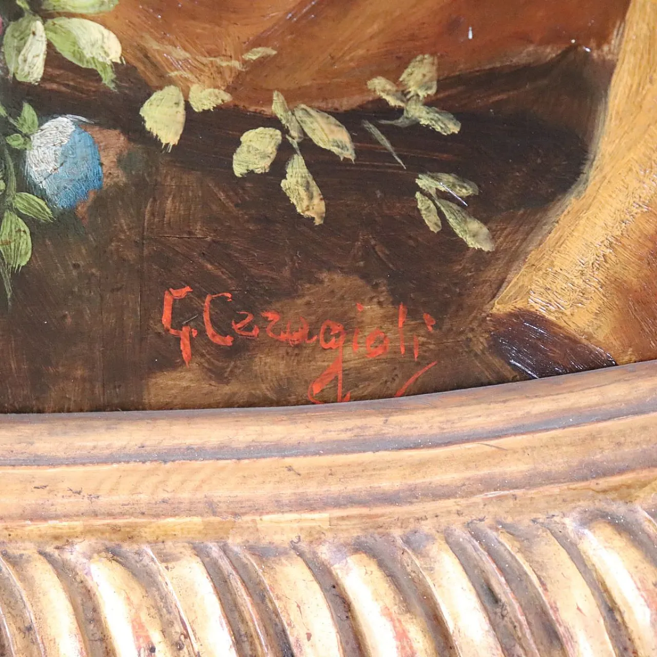 Oil painting on wood signed G. Ceragioli, putti with flowers, early 1900s 9