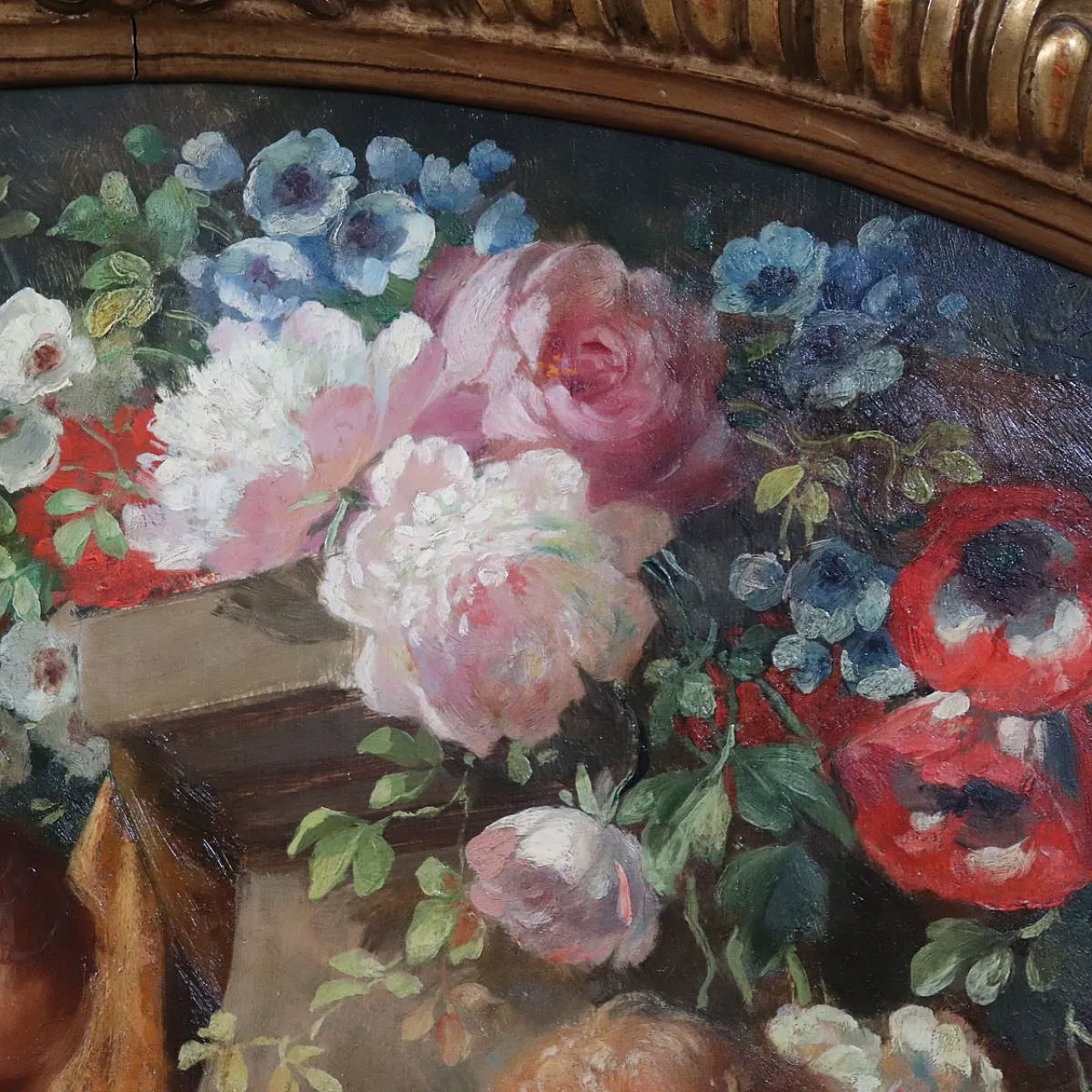 Oil painting on wood signed G. Ceragioli, putti with flowers, early 1900s 10