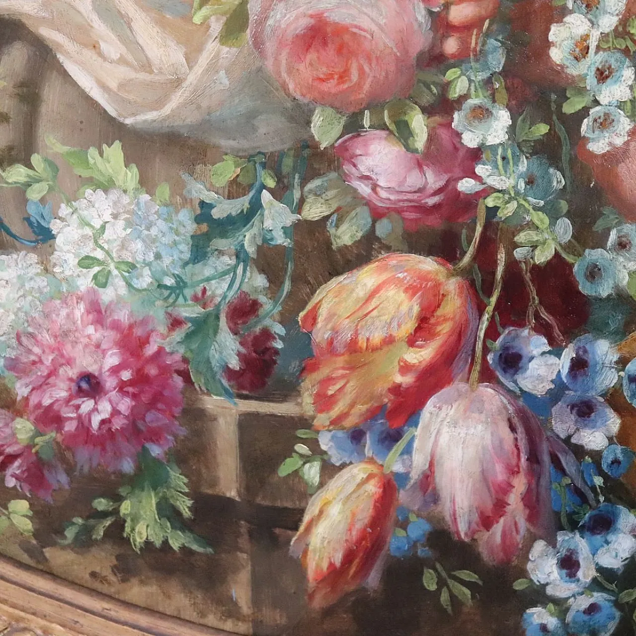 Oil painting on wood signed G. Ceragioli, putti with flowers, early 1900s 11