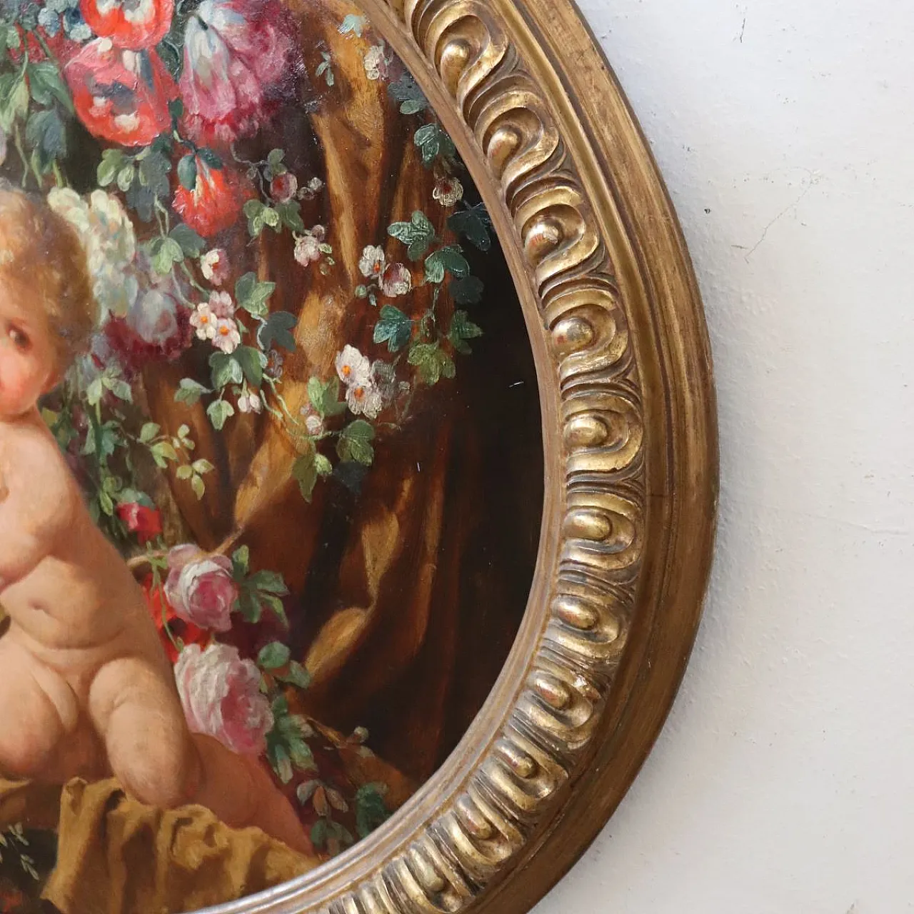 Oil painting on wood signed G. Ceragioli, putti with flowers, early 1900s 13