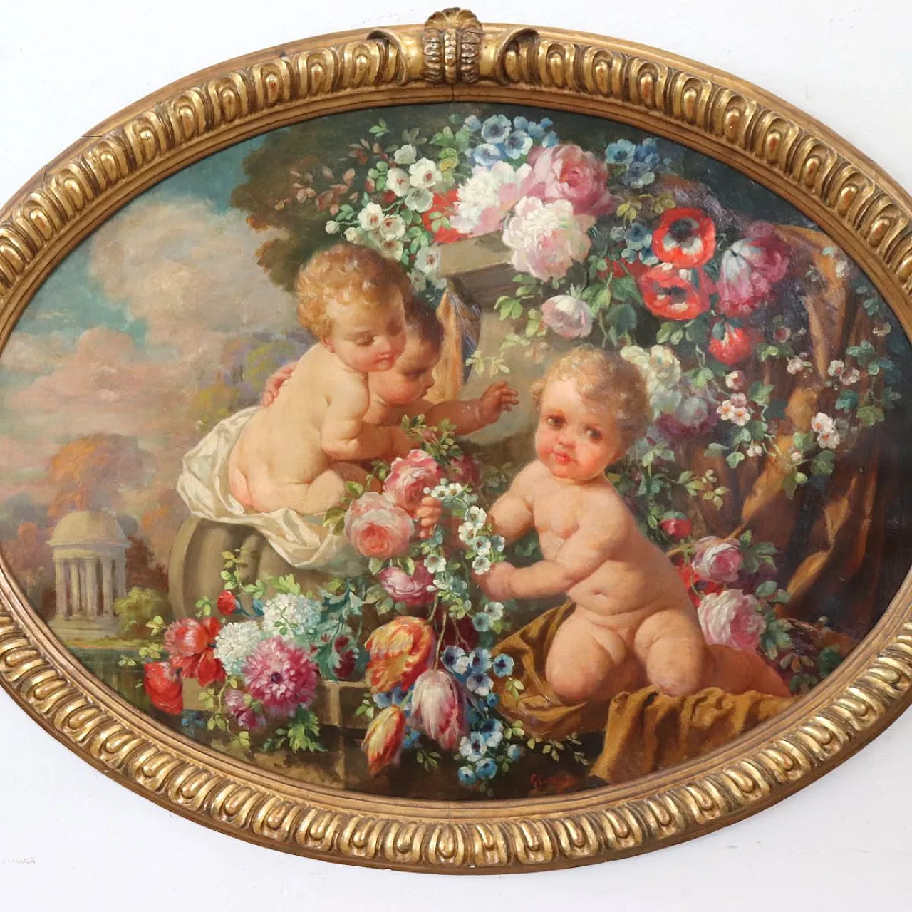 Oil painting on wood signed G. Ceragioli, putti with flowers, early 1900s 16