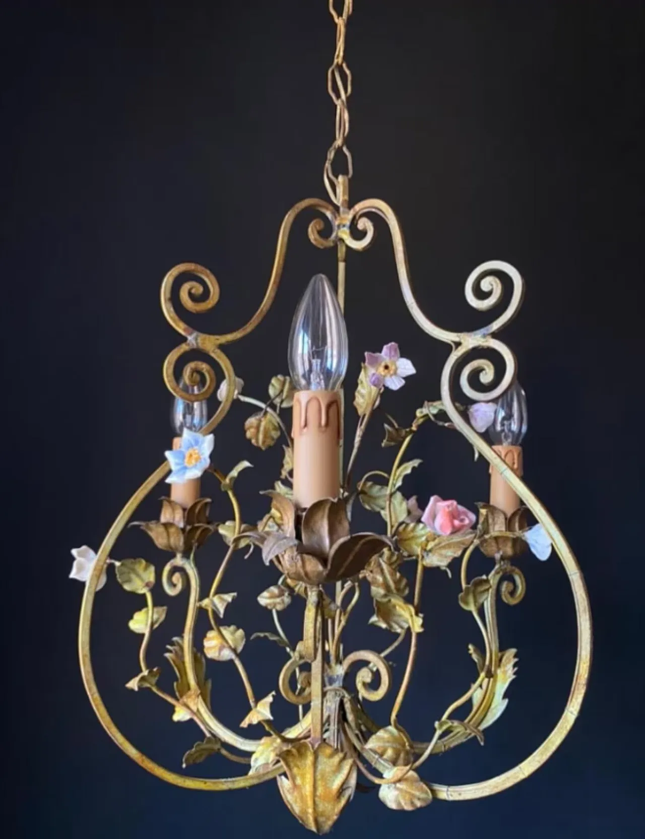Iron chandelier with flowers, 1960s 2