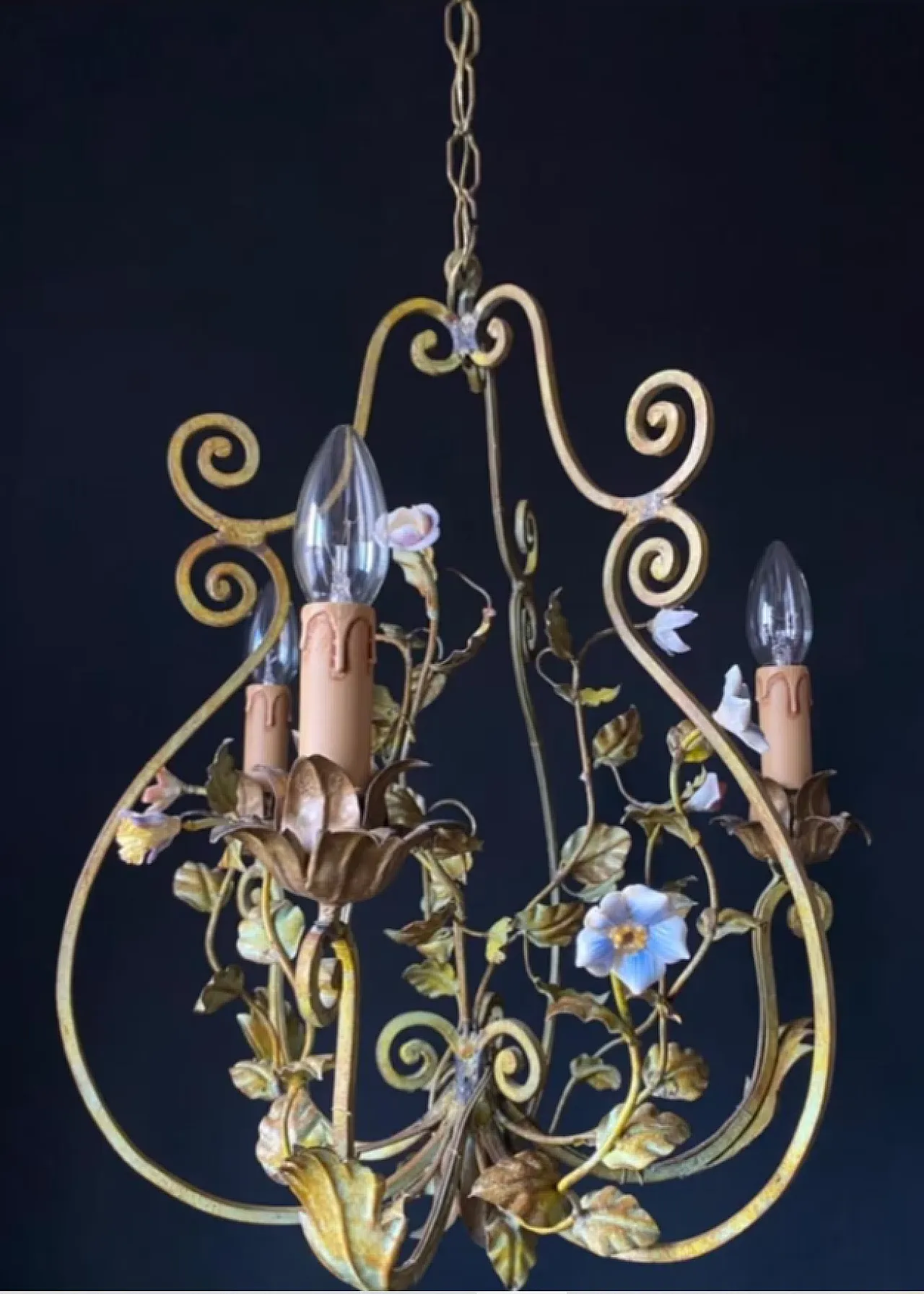 Iron chandelier with flowers, 1960s 3