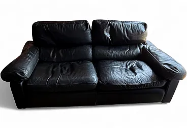 Black leather two-seater sofa, 1980s