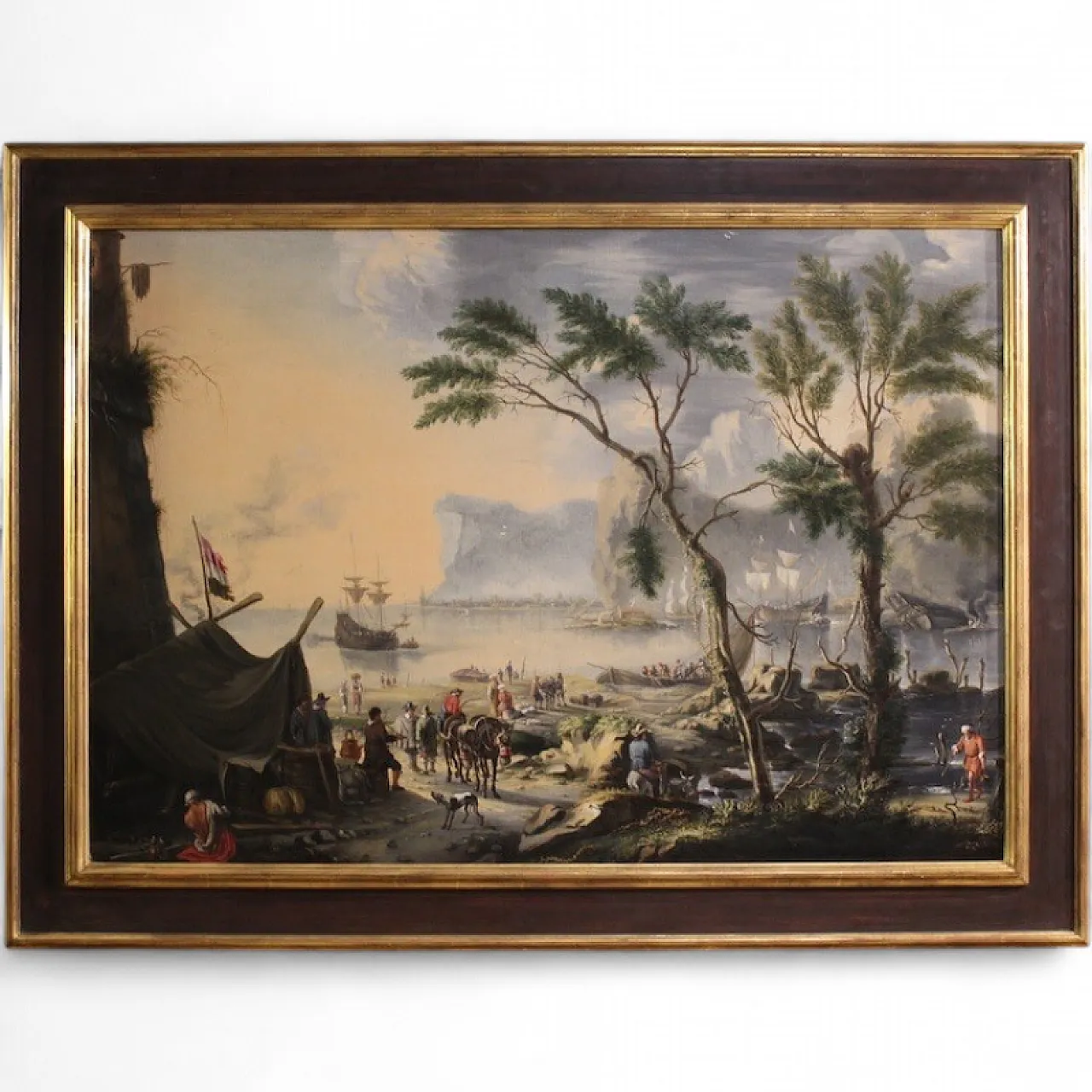 Flemish painting, large landscape with sailing ships, 17th century 16