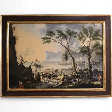 Flemish painting, large landscape with sailing ships, 17th century