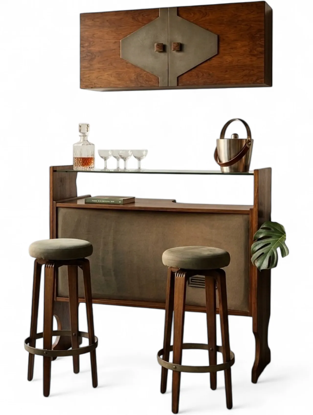 Wooden bar counter with stools and cabinet, 1960s 21