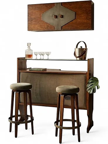 Wooden bar counter with stools and cabinet, 1960s