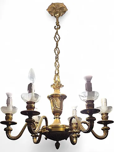 6 Light solid brass Chandelier mid century style, 1960s