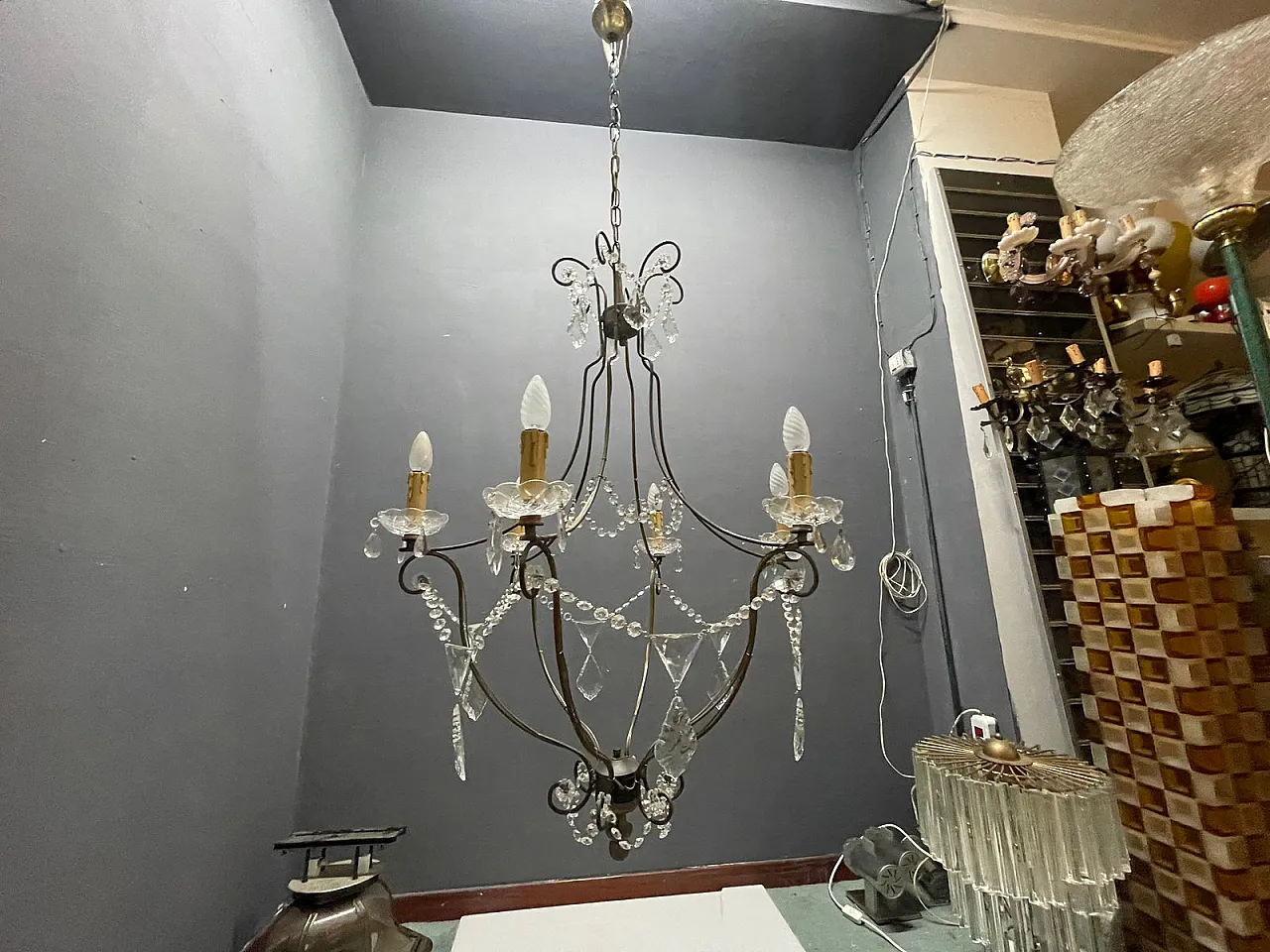 Large wrought iron and crystal chandelier, 1980s 10
