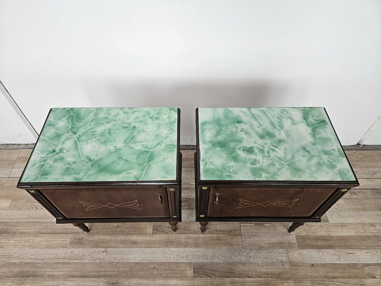 Pair of oak bedside tables with glass tops, 1960s 6