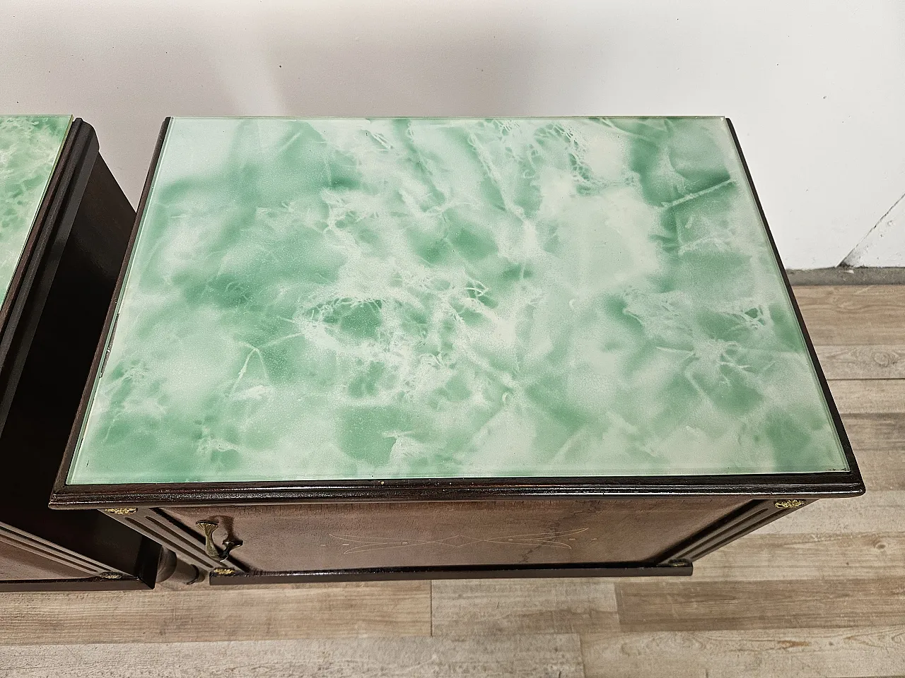 Pair of oak bedside tables with glass tops, 1960s 8