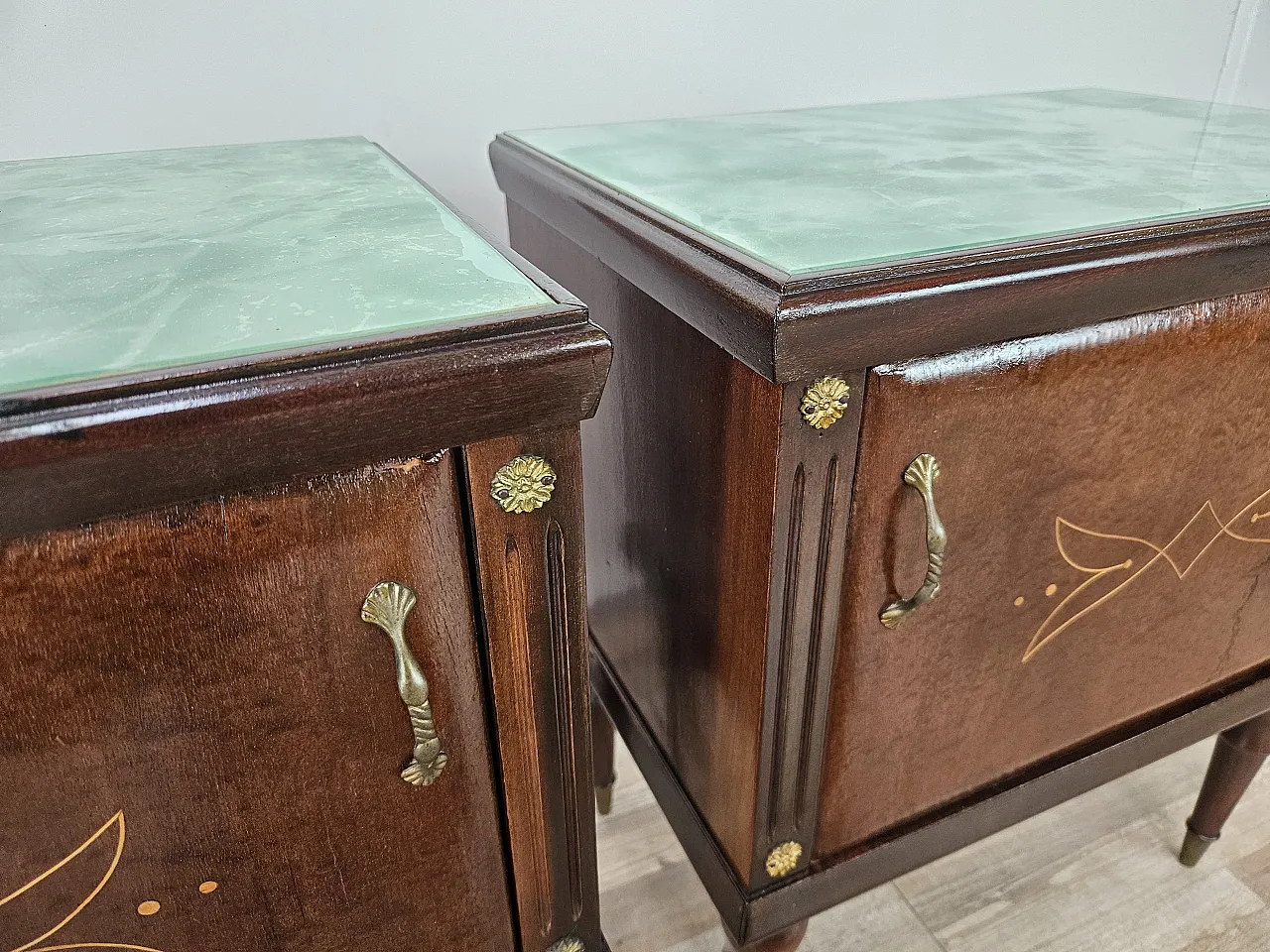 Pair of oak bedside tables with glass tops, 1960s 10