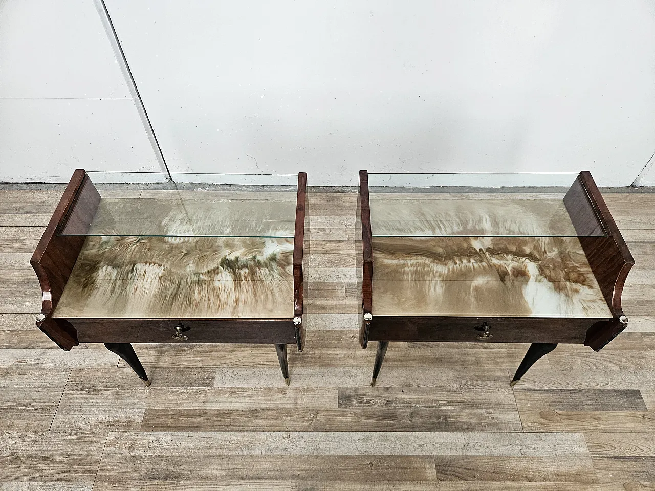 Pair of Mid-Century Mahogany Nightstands with Glass Top, 1960s 5