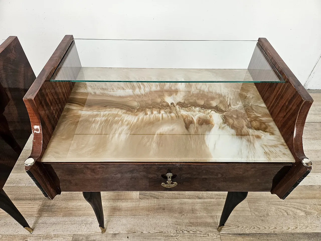 Pair of Mid-Century Mahogany Nightstands with Glass Top, 1960s 7