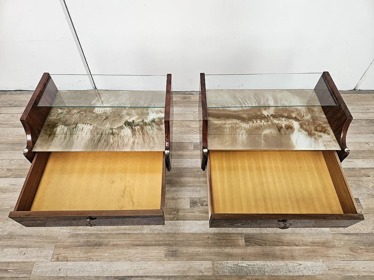 Pair of Mid-Century Mahogany Nightstands with Glass Top, 1960s 16