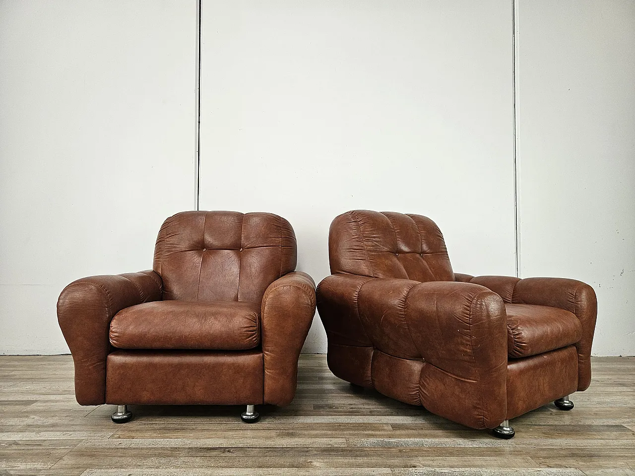Pair of brown leather armchairs, Italian design, 1970s 1