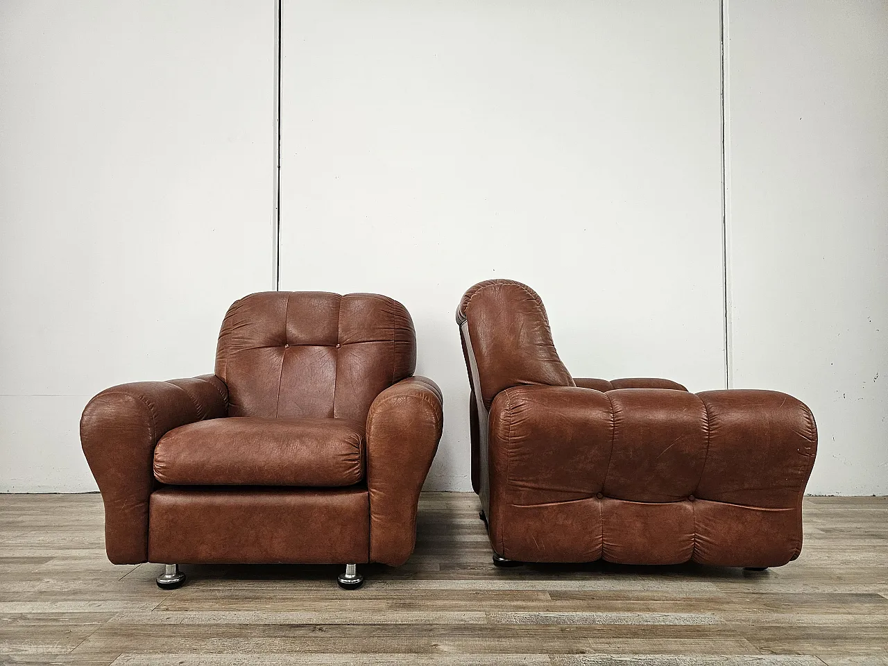 Pair of brown leather armchairs, Italian design, 1970s 2