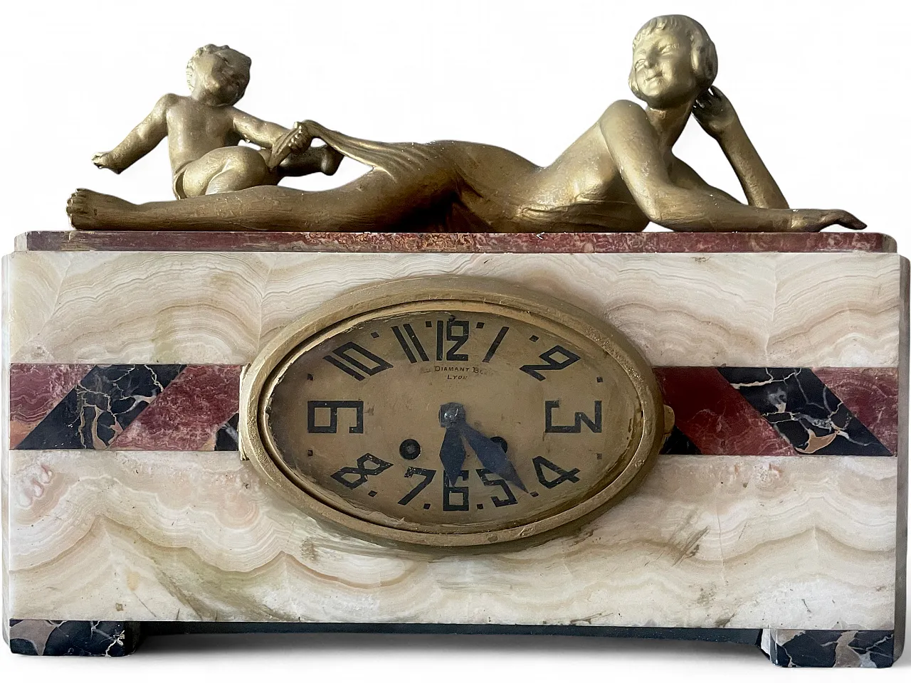 Monumental Art Deco Clock in Polychrome Marble and Cherubs, Lyon – 1930 4