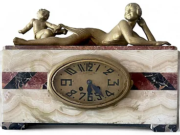 Monumental Art Deco Clock in Polychrome Marble and Cherubs, Lyon – 1930