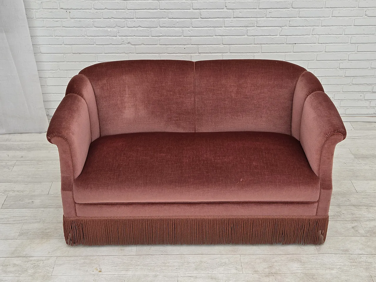 1960s, Danish 2-seater sofa, original pink furniture velour. 2