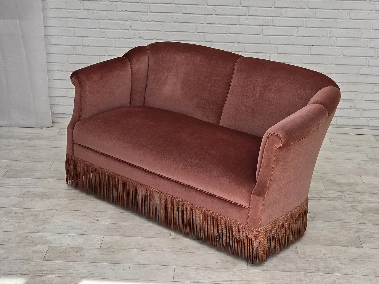 1960s, Danish 2-seater sofa, original pink furniture velour. 16