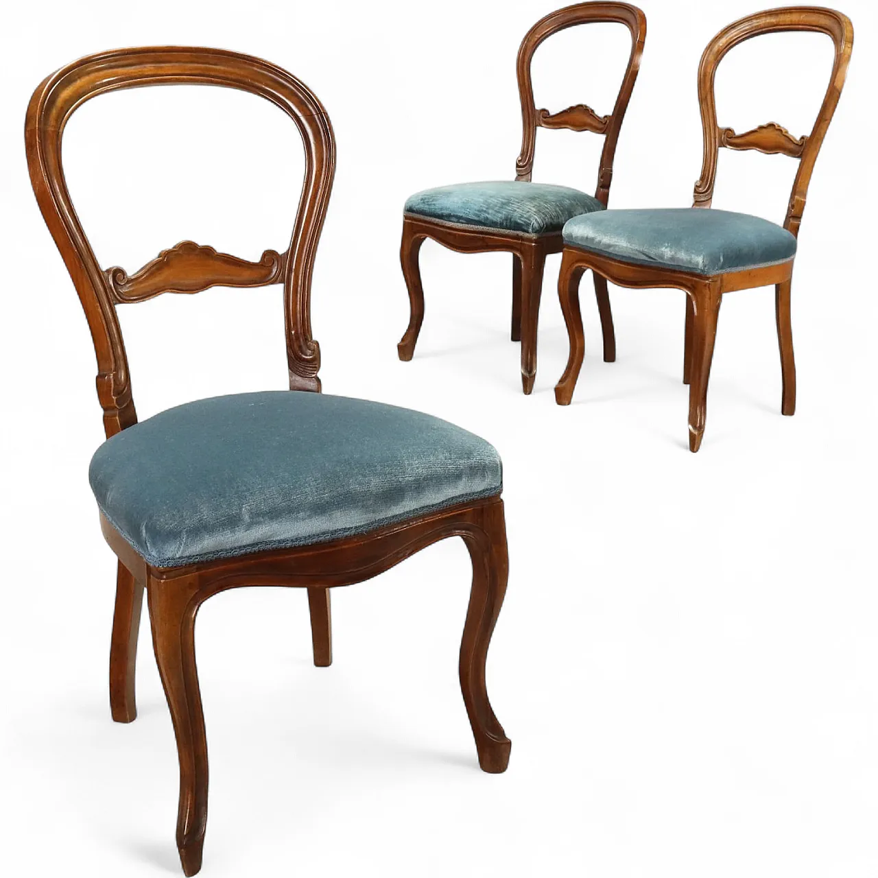 3 Sedie Luigi Filippo in noce con velluto blu, '800 9