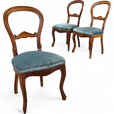 3 Sedie Luigi Filippo in noce con velluto blu, '800
