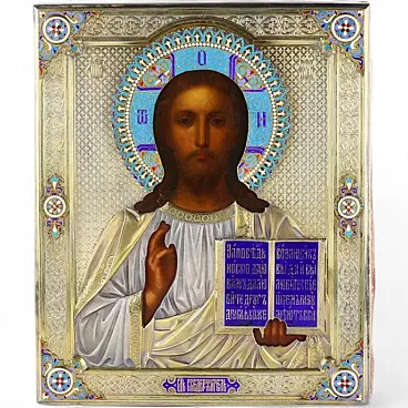 Icon Christ Pantocrator in gilt silver oklad, 19th century