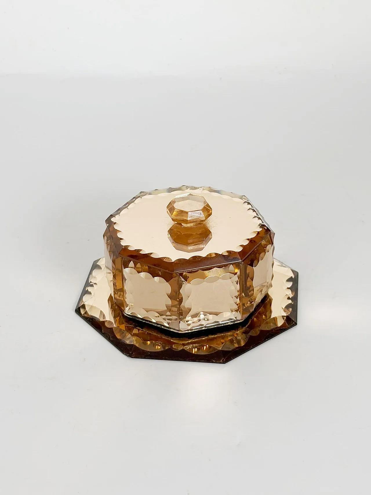 Pink-tinted glass box with saucer, Art Deco, 1940s 5