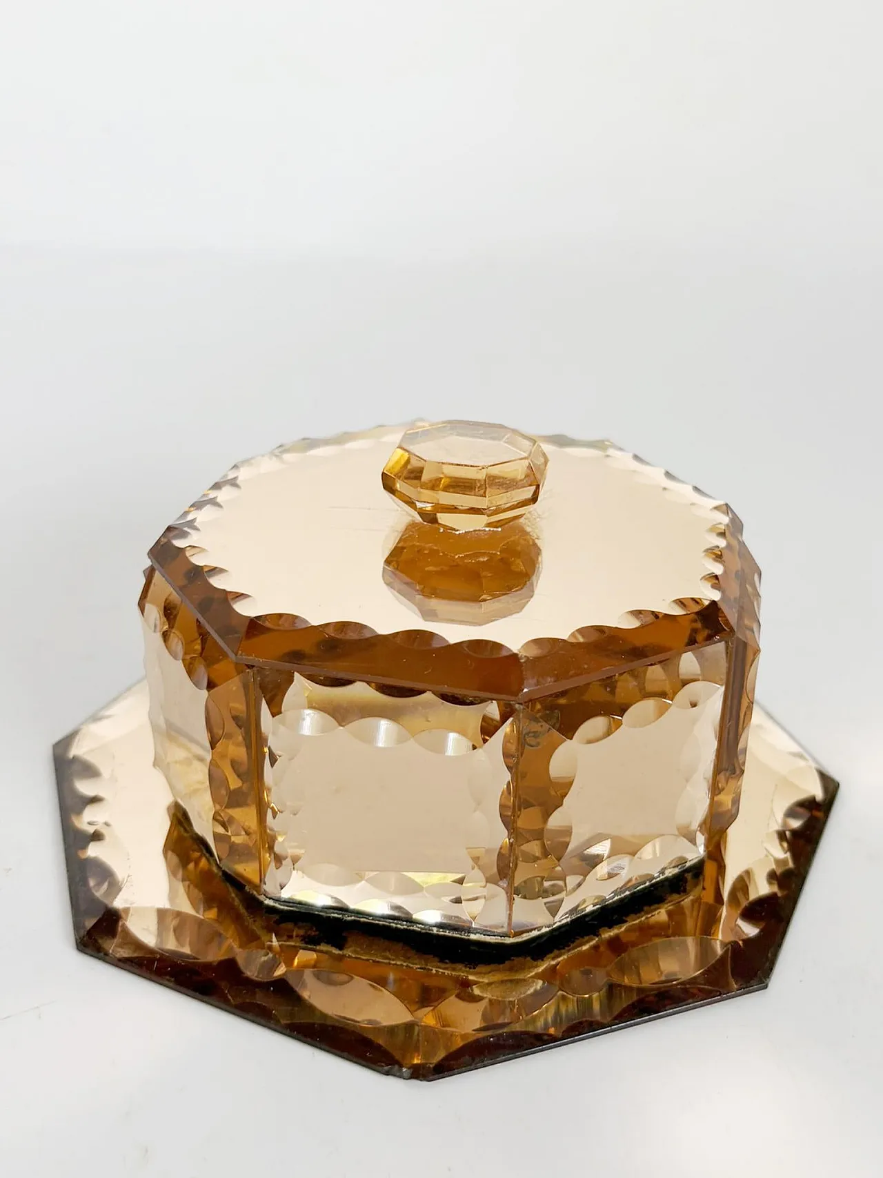 Pink-tinted glass box with saucer, Art Deco, 1940s 6