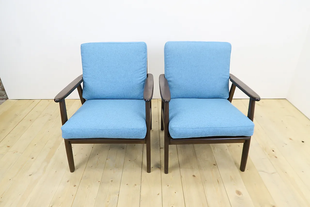 Pair of teak armchairs reupholstered in wool, 1960s 6