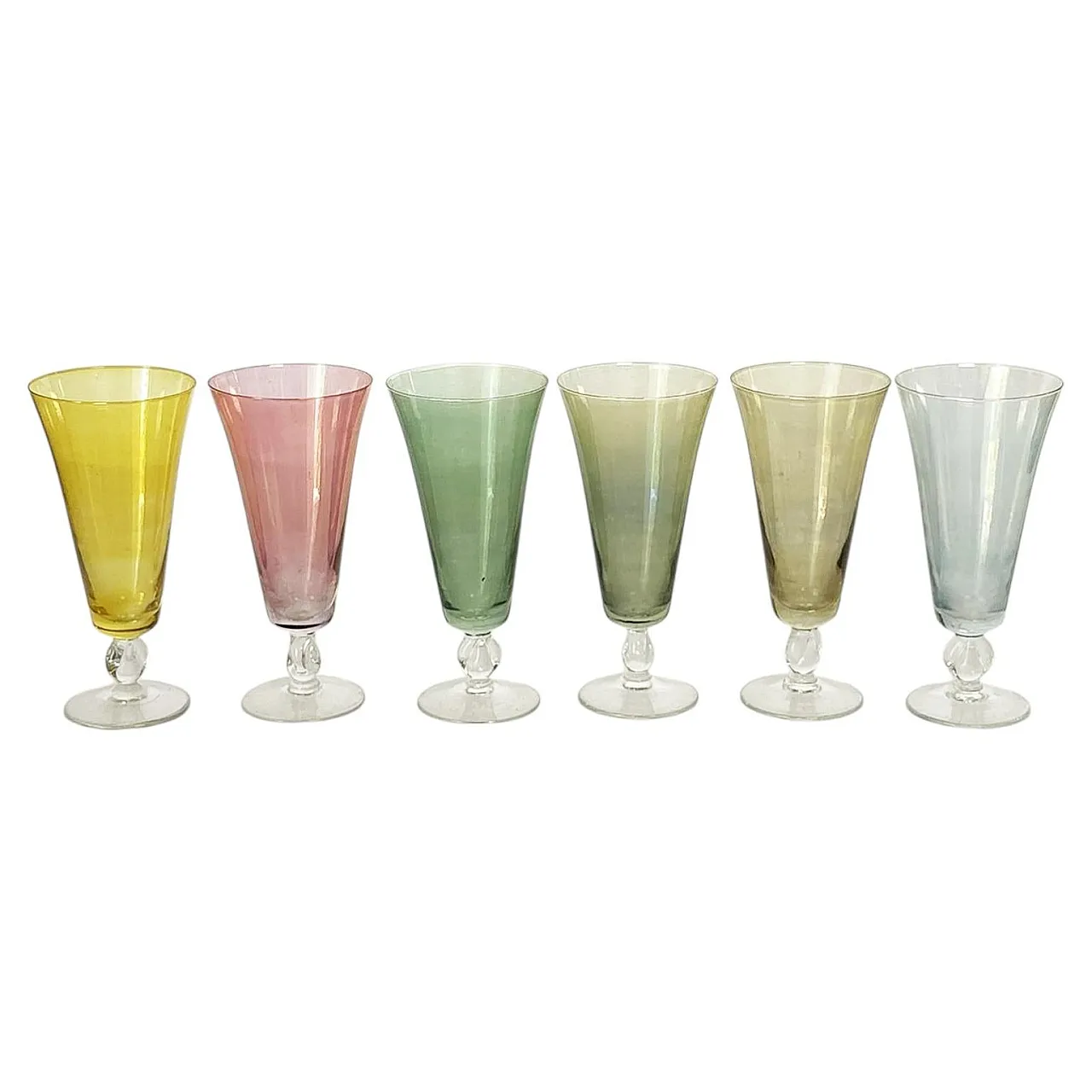 6 Fine colored glass champagne flutes, 1960s 1