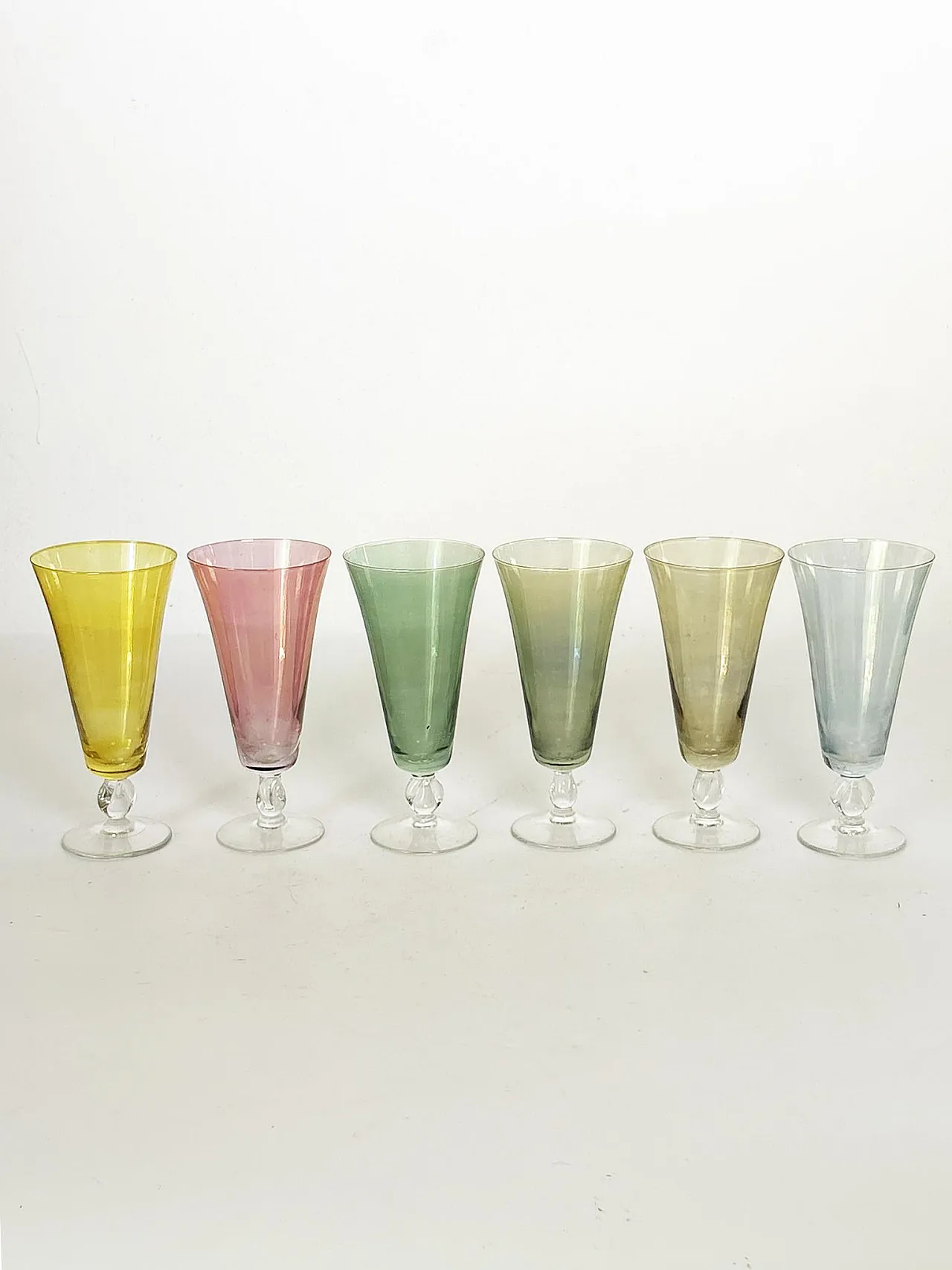 6 Fine colored glass champagne flutes, 1960s 2
