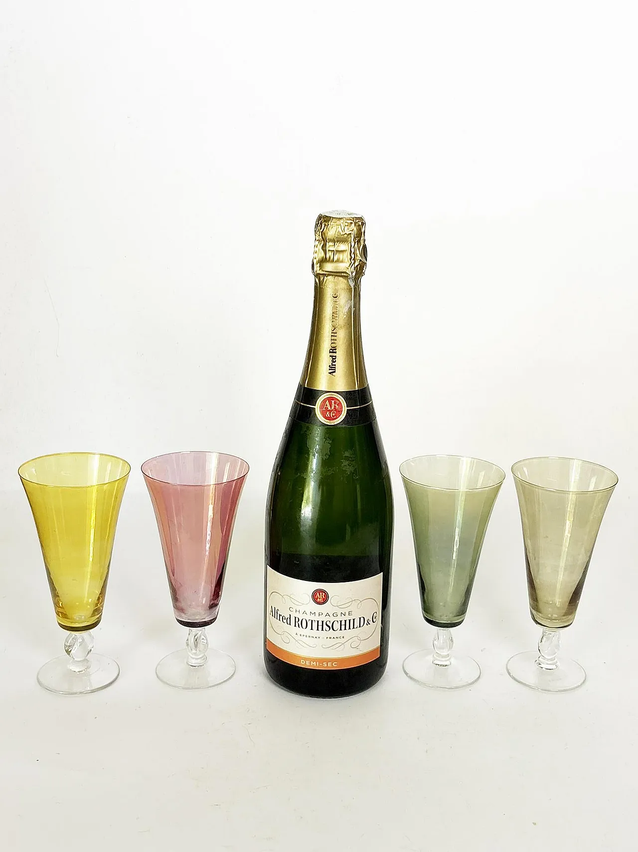 6 Fine colored glass champagne flutes, 1960s 3