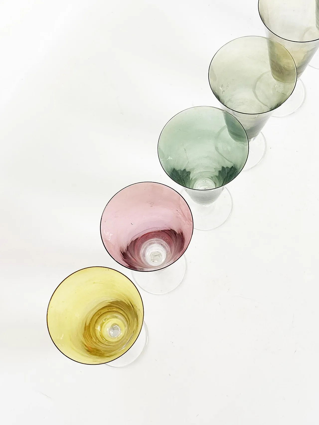 6 Fine colored glass champagne flutes, 1960s 6