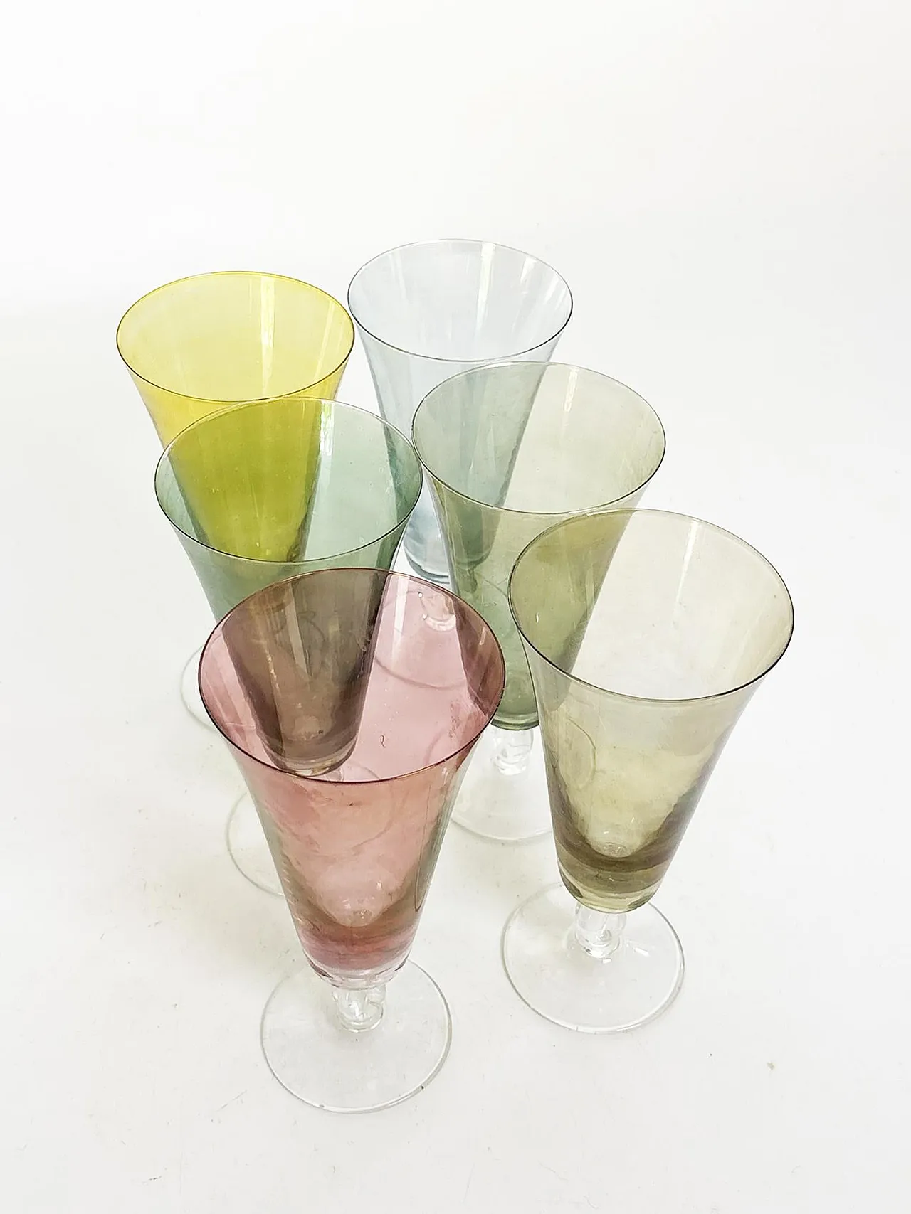6 Fine colored glass champagne flutes, 1960s 10