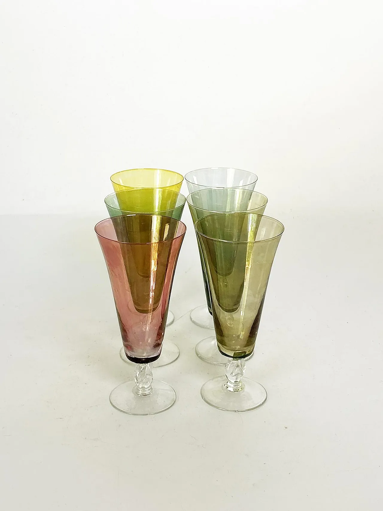 6 Fine colored glass champagne flutes, 1960s 12