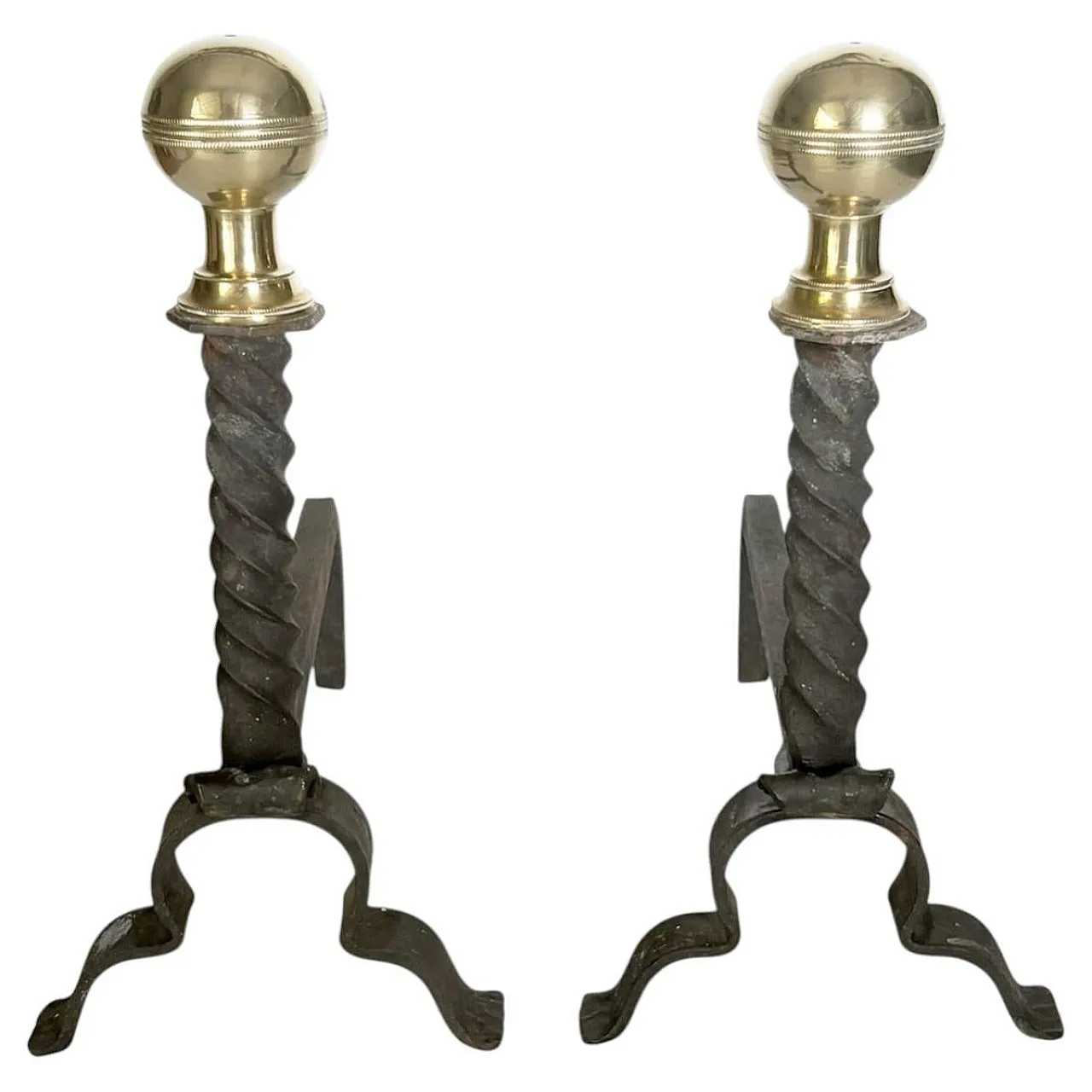 Pair of andirons in cast iron and brass, black and gold, 1960s 1